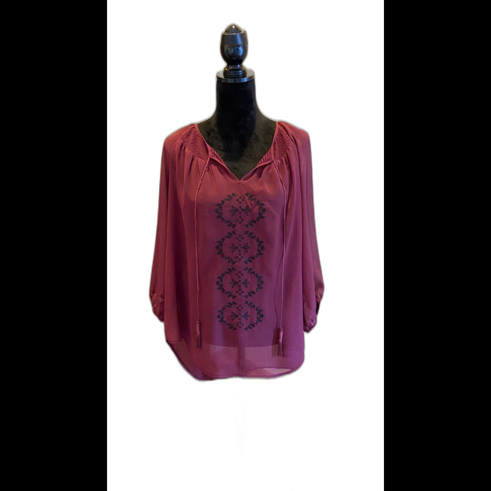 Women’s Blouse Burgundy Sheer 3/4 Sleeve Plus Size ? XL‎ 2XL  Top Dressy Elegant